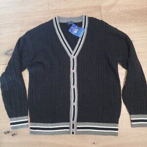 Blue Ocean Mens Black Cardigan Sweater 2XL Button-Down Front Striped Accents VTG